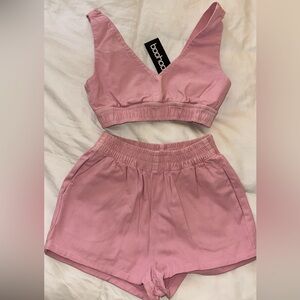 Boohoo denim pink shorts set